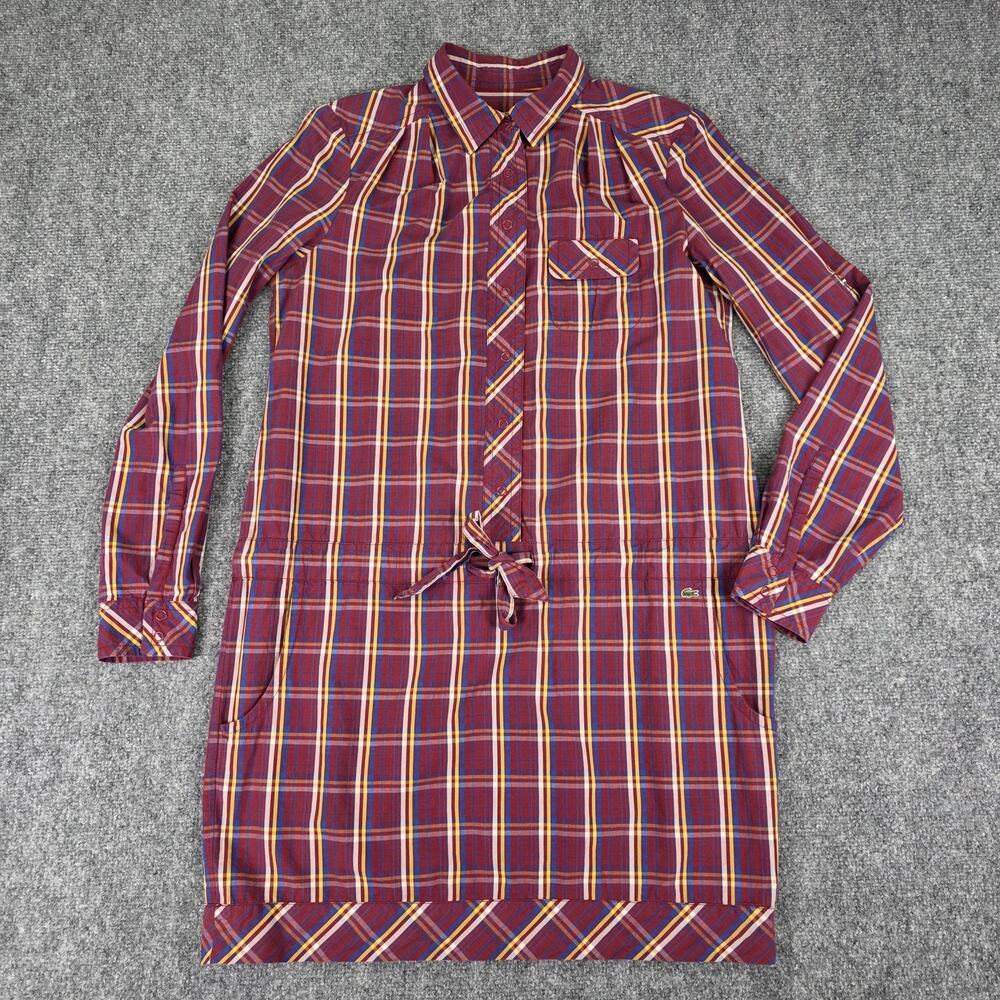 Lacoste Dress Womens 40 Red Plaid Shirt Dress Roll Tab Sleeve Cotton Pockets - Picture 4 of 16
